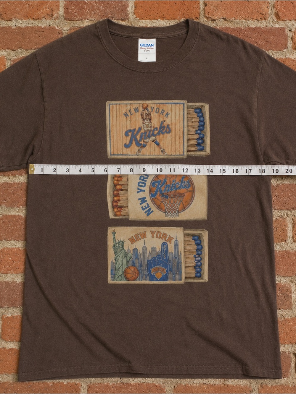 Gildan 5000 Brown Knicks Matchbox Graphic Tee, Vintage Size L - Picture 4 of 5